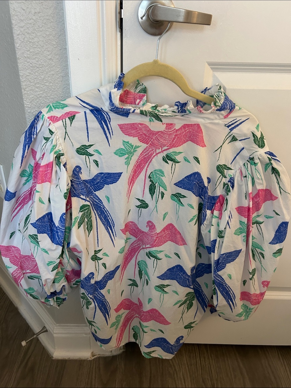 Oliphant White Blouse with Blue, Pink & Green Parrot Print - Picture 4 of 4